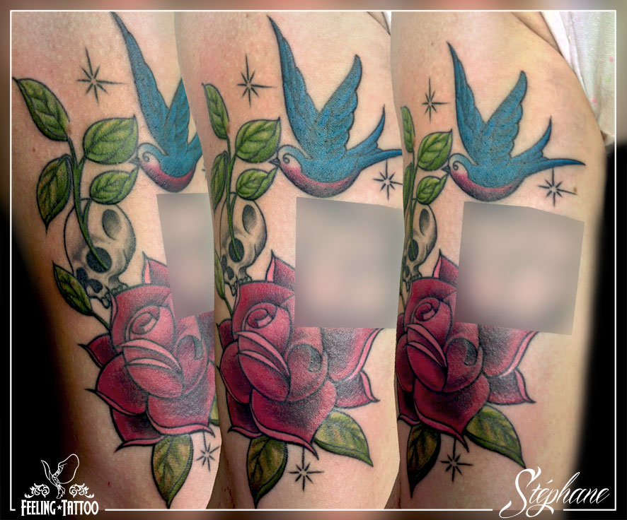 tatouage hirondelle et rose