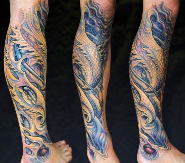 tattoo biomecanique jambe